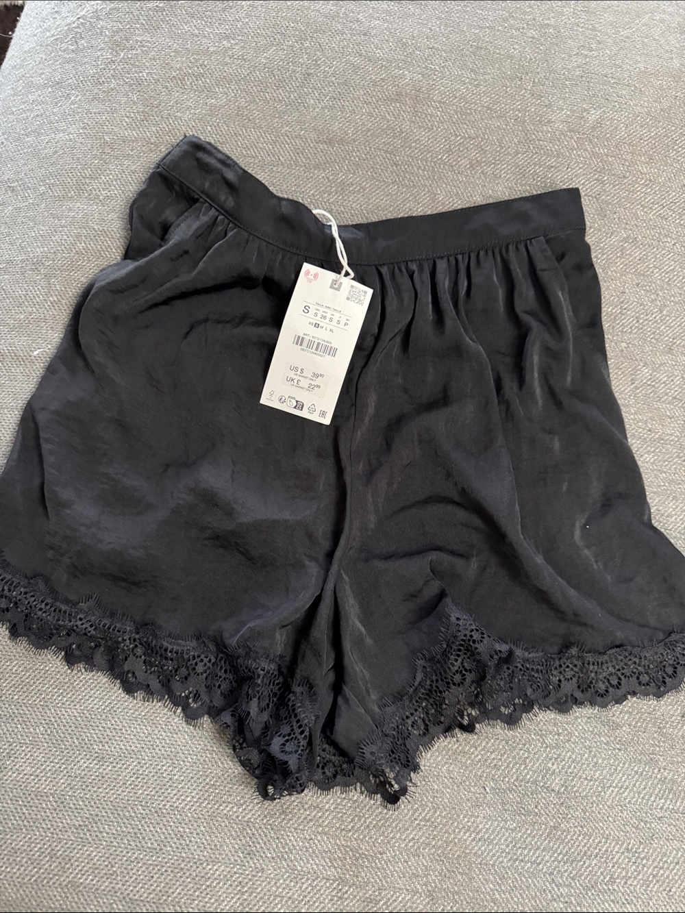 Zara Black Lace-Trim Satin Shorts